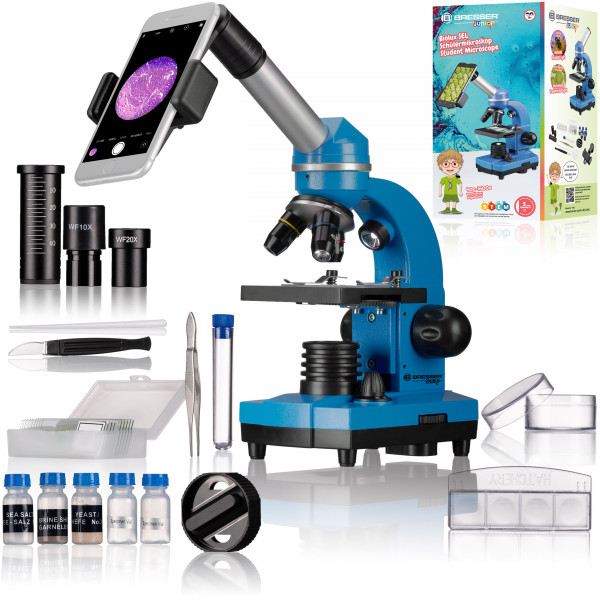 Bresser Junior 40x-1600x BIOLUX mikroskops ar telefona statīvu (zils)